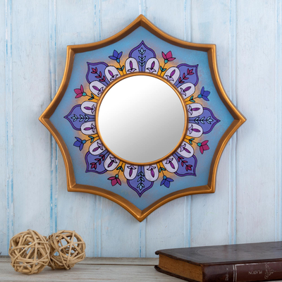 Reverse-painted glass wall accent mirror, 'Colonial Crown in Sky Blue' - Light Blue Accent Mirror from Peru