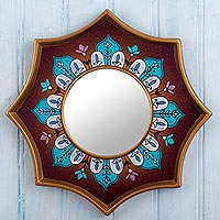 Reverse-painted glass wall accent mirror, 'Colonial Crown in Maroon' - Maroon Hand Painted Glass Mirror