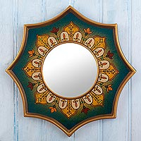 Reverse-painted glass wall accent mirror, 'Colonial Crown in Teal'