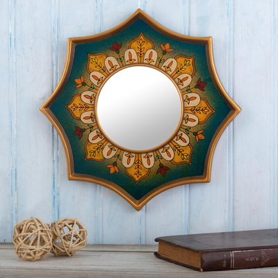 Reverse-painted glass wall accent mirror, 'Colonial Crown in Teal' - Gold Accented Wall Accent Mirror