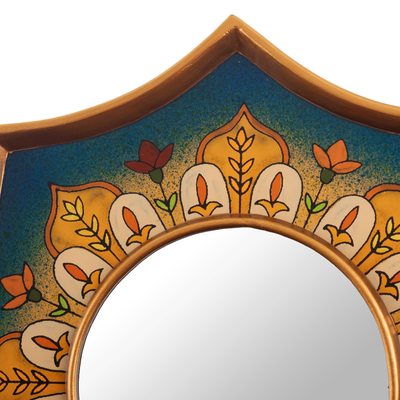 Reverse-painted glass wall accent mirror, 'Colonial Crown in Teal' - Gold Accented Wall Accent Mirror