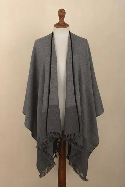 100% baby alpaca ruana, 'Winter Night' - Grey Baby Alpaca Ruana from Peru