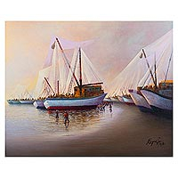 'Unloading the Catch' - Luminous Oil on Canvas Painting of Fishing Boats