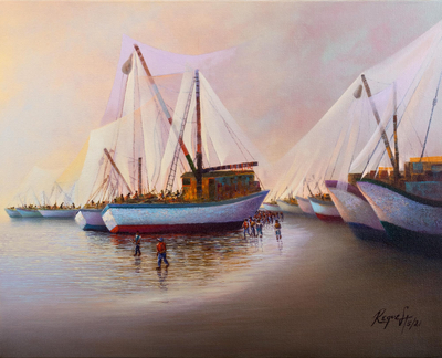Luminous Oil on Canvas Painting of Fishing Boats