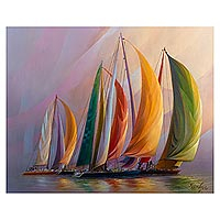 'Maximum Skills' - Sailboat Regatta Original Oil Painting in Jewel Colors