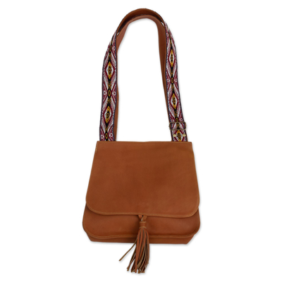 Wool-accented leather messenger bag, 'Cusco Eye' - Leather Messenger Bag with Wool Accent