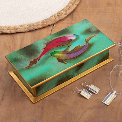 Reverse-painted glass decorative box, 'Ocean Harmony in Green' - Hand Painted Glass and Wood Decorative Box