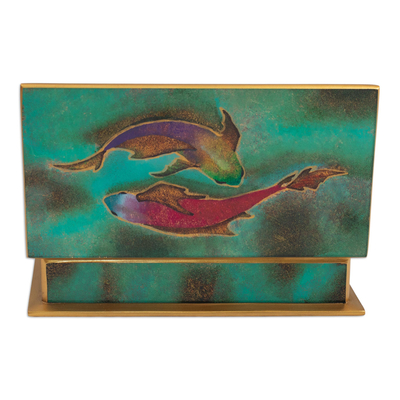 Reverse-painted glass decorative box, 'Ocean Harmony in Green' - Hand Painted Glass and Wood Decorative Box