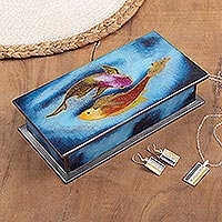 Reverse-painted glass decorative box, 'Ocean Harmony in Blue' - Artisan Crafted Wood and Glass Decorative Box
