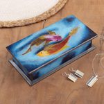Reverse-painted glass decorative box, 'Ocean Harmony in Blue' - Artisan Crafted Wood and Glass Decorative Box