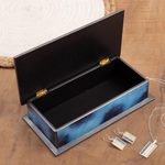 Reverse-painted glass decorative box, 'Ocean Harmony in Blue' - Artisan Crafted Wood and Glass Decorative Box