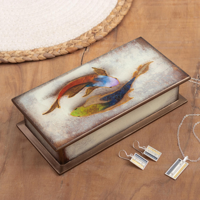 Reverse-painted glass decorative box, Ocean Harmony in White
