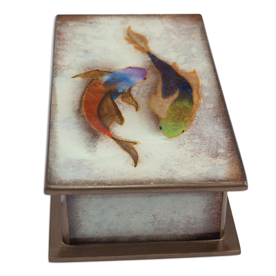 Caja decorativa de cristal pintado al revés - Caja de cristal pintada al revés con temática de pescado.