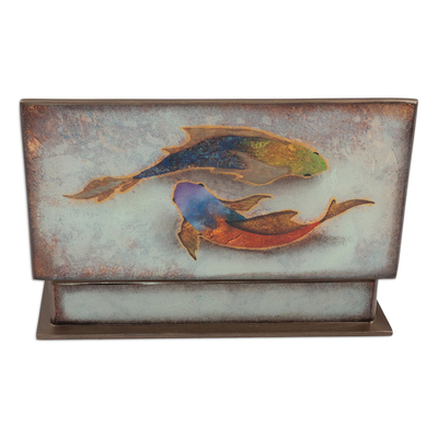 Reverse-painted glass decorative box, 'Ocean Harmony in White' - Fish Themed Reverse-Painted Glass Box
