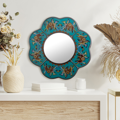 Reverse-painted glass wall mirror, 'Colonial Quatrefoil' - Artisan Crafted Glass Wall Mirror