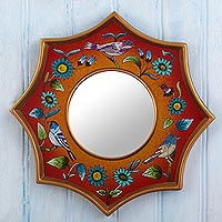 Reverse-painted glass wall accent mirror, 'Birds of Peru in Scarlet' - Artisan Crafted Glass Accent Mirror