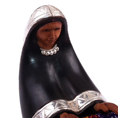Silver-accented wood sculpture, 'Weaving Woman' - Hand Carved Weaver Sculpture