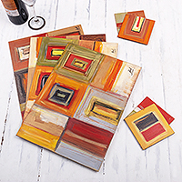 Manteles individuales y posavasos pintados a mano, 'Geometría de colores' (set de 4) - Manteles individuales y posavasos de colores (Set de 4)