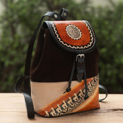 Rucksack aus Wildleder und Leder - Rucksack aus Leder und Wildleder mit Inka-Motiv