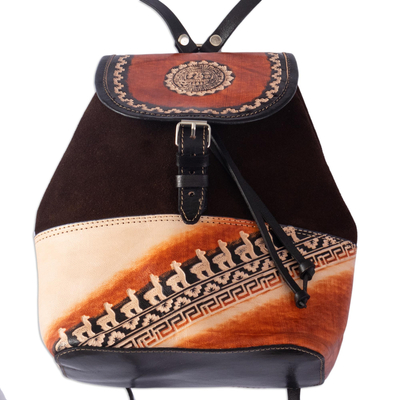 Rucksack aus Wildleder und Leder - Rucksack aus Leder und Wildleder mit Inka-Motiv