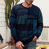 Suéter de hombre 100% alpaca, 'Blue Building Blocks' - Suéter informal azul para hombre en 100% lana de alpaca