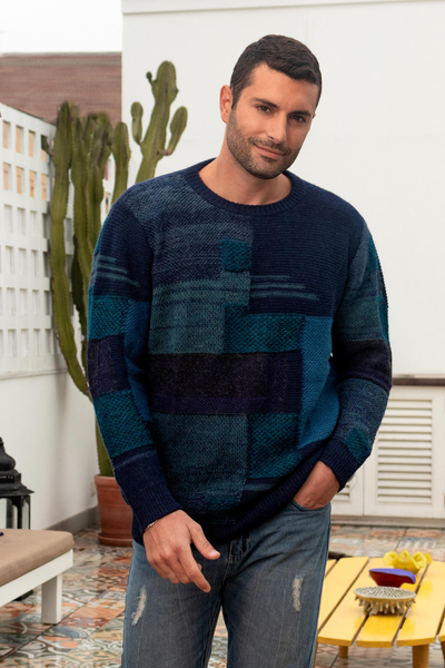 Men's 100% alpaca pullover sweater, 'Blue Building Blocks' - Casual Blue Men's Pullover Sweater in 100% Alpaca Wool