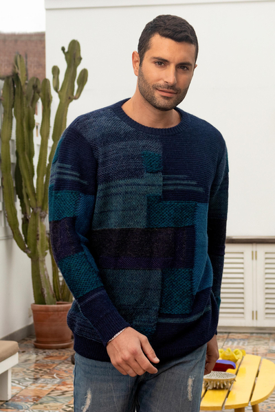 Casual Blue Men's Pullover Sweater in 100% Alpaca Wool - Blue Building ...