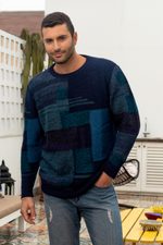 Men's 100% alpaca pullover sweater, 'Blue Building Blocks' - Casual Blue Men's Pullover Sweater in 100% Alpaca Wool