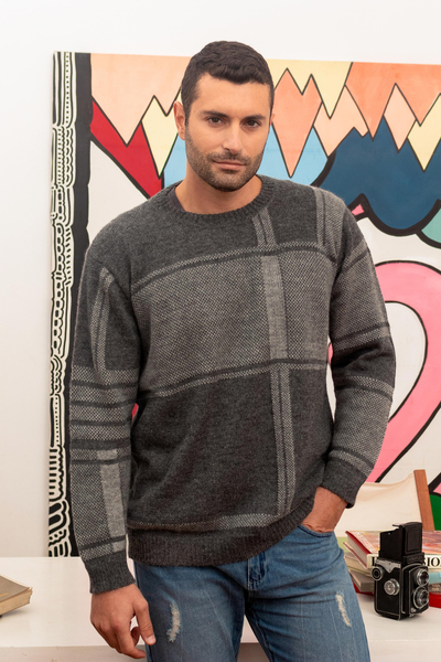 Men's 100% alpaca pullover sweater, 'Modern Tartan' - 100% Alpaca Men's Pullover Sweater in Tones of Grey