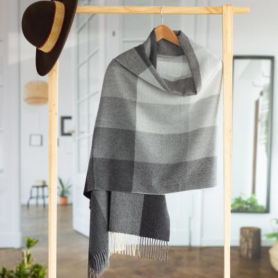 chal 100% alpaca - Bufanda estampada de lana de alpaca a cuadros gris súper suave