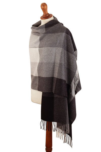 chal 100% alpaca - Bufanda estampada de lana de alpaca a cuadros gris súper suave