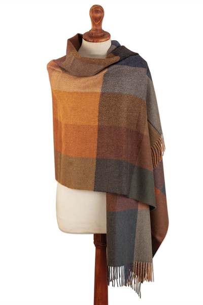 Super Soft Brown-Orange Plaid Alpaca Wool Patterned Scarf