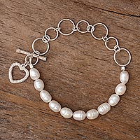 Pulsera de perlas cultivadas y eslabones de plata de ley, 'Love United' - Pulsera de perlas cultivadas y de ley