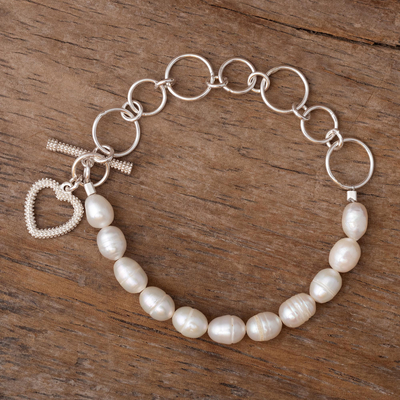 Cultured pearl and sterling silver link bracelet, Love United