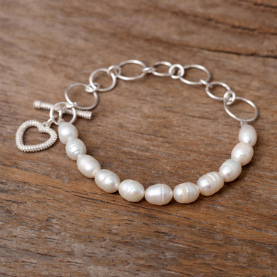 Pulsera de eslabones de plata de primera ley y perlas cultivadas - Pulsera de perlas cultivadas y de ley