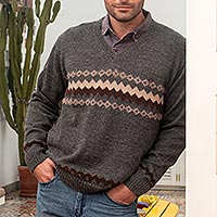 100% alpaca men's sweater, 'Andes Grey'