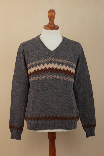 100% alpaca men's sweater, 'Andes Grey' - 100% Alpaca Dark Grey Men's Pullover Sweater from Peru