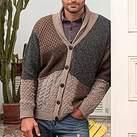 Suéter tipo cardigan para hombre 100% alpaca, 'Andes Patchwork' - Suéter para hombre 100% Alpaca Multicolor en Tonos Tierra