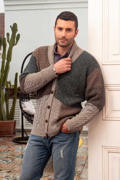 Men's 100% alpaca cardigan sweater, 'Andes Patchwork' - Men's 100% Alpaca Multicolored Sweater in Earth Tones