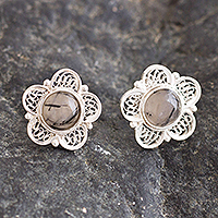 Tourmalinated quartz filigree button earrings, 'Flowers of Spain' - Floral Tourmalinated Quartz Earrings