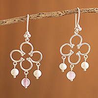 Rose quartz and cultured pearl chandelier earrings, 'Clover Cascade' - Chandelier Earrings with Rose Quartz