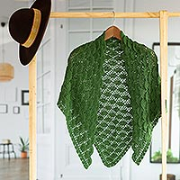 100% alpaca shawl, 'Colonial Fans in Meadow' - Hand Crocheted Green Shawl