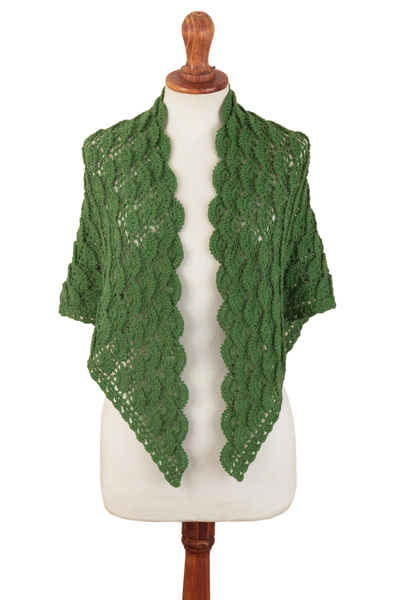 100% alpaca shawl, 'Colonial Fans in Meadow' - Hand Crocheted Green Shawl
