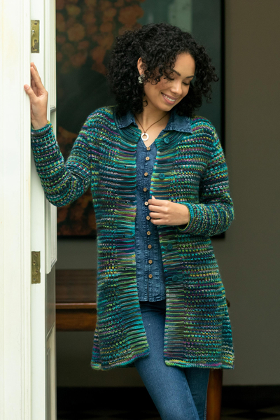 Multi-Hued Blue Button Down Cardigan Sweater from Peru
