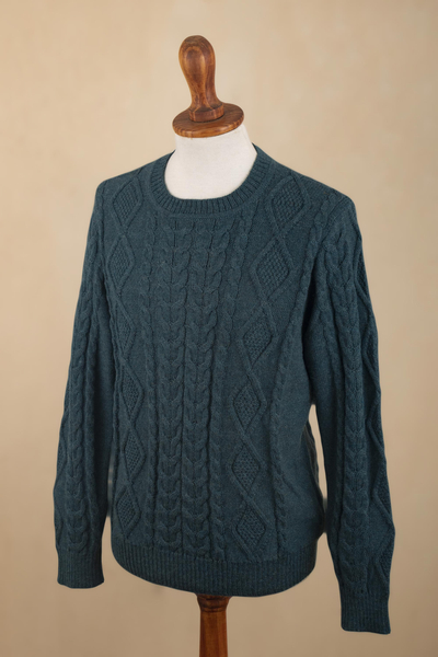 Jersey de hombre 100% alpaca - Suéter verde azulado 100% alpaca para hombre de Perú