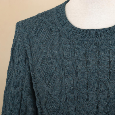 Men's 100% alpaca pullover sweater, 'Teal Geometry' - Men's 100% Alpaca Teal Pullover Sweater From Peru