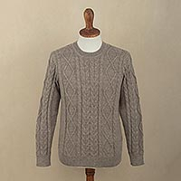 Men's 100% alpaca pullover sweater, 'Mushroom Brown Geometry'