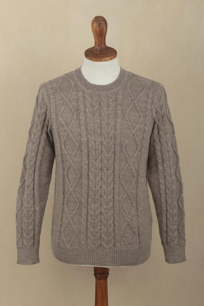 Mens 100% alpaca pullover sweater, Mushroom Brown Geometry