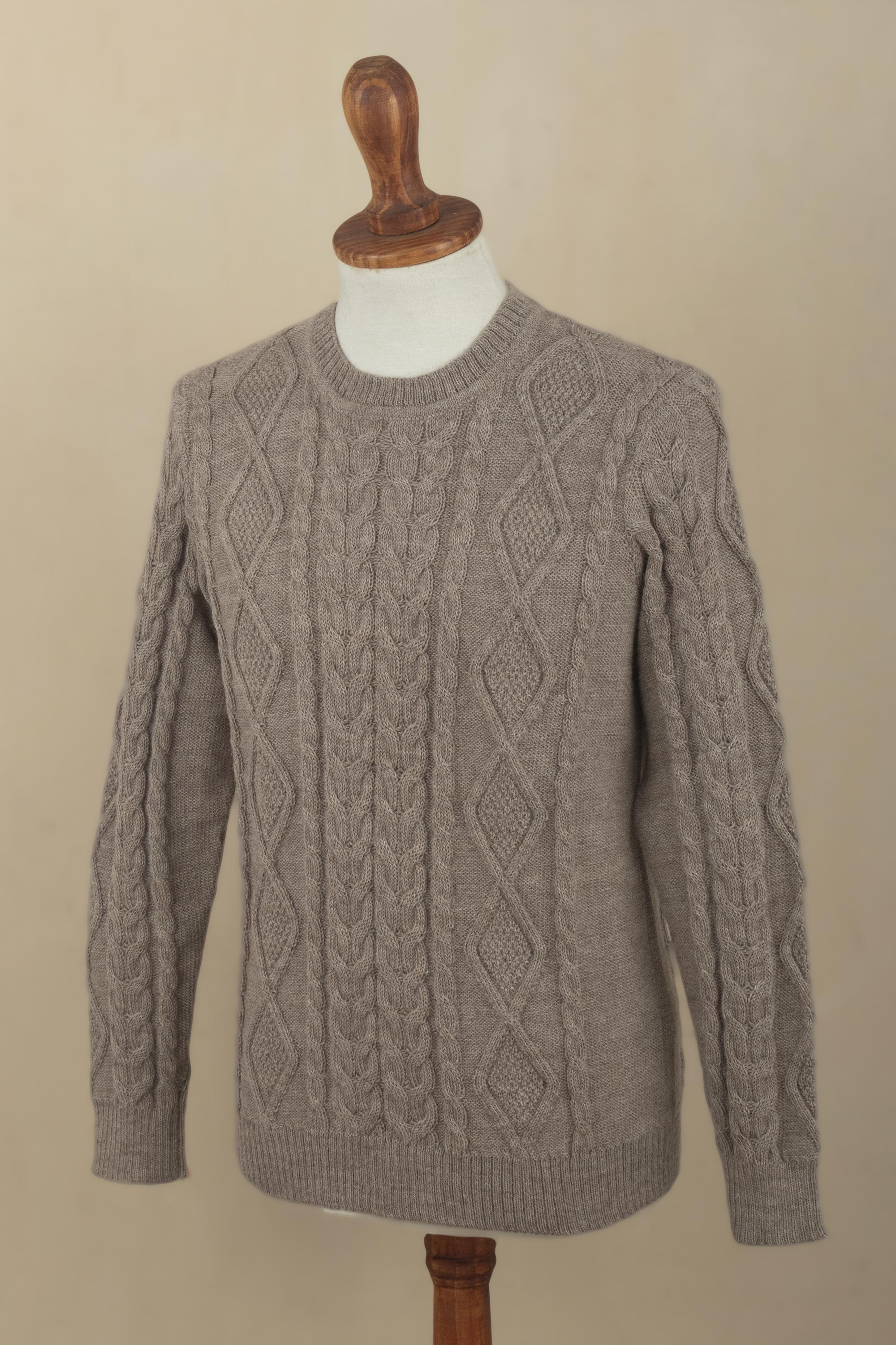 Men's Mushroom Brown 100% Alpaca Cable Knit Pullover Sweater - Mushroom ...