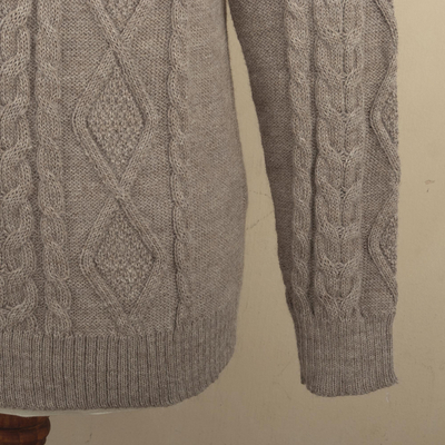 Men's 100% alpaca pullover sweater, 'Mushroom Brown Geometry' - Men's Mushroom Brown 100% Alpaca Cable Knit Pullover Sweater